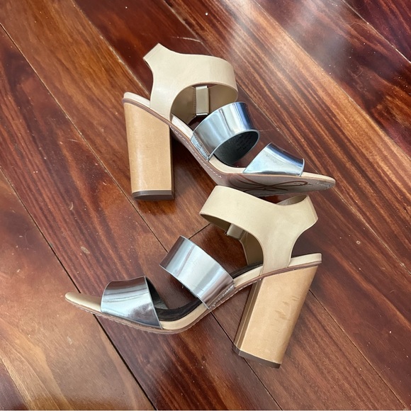 Sam Edelman Yelena Metallic Chunky Multi Strap Silver Nude Leather Heels Sz 10 - Picture 5 of 14